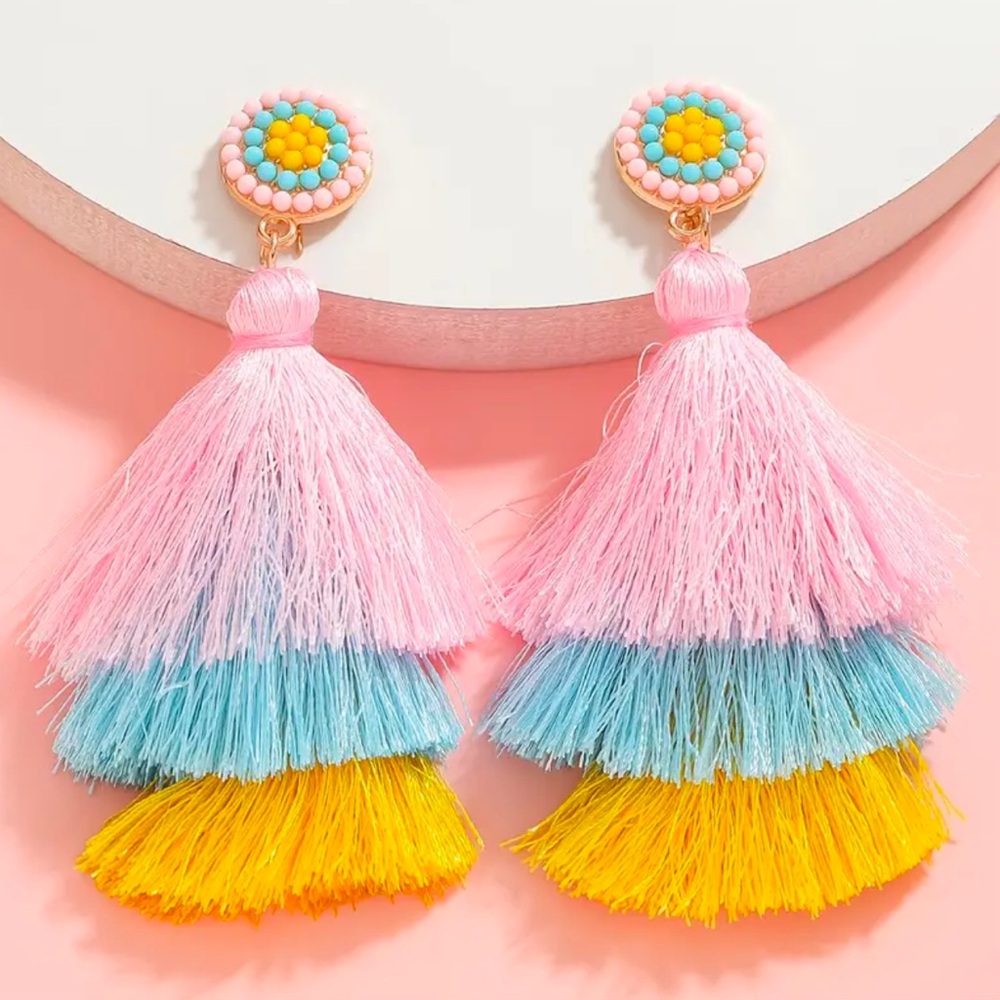 Easter Earrings Spring Pretty Pastel Tassel With Seed Beads Drop Dangle